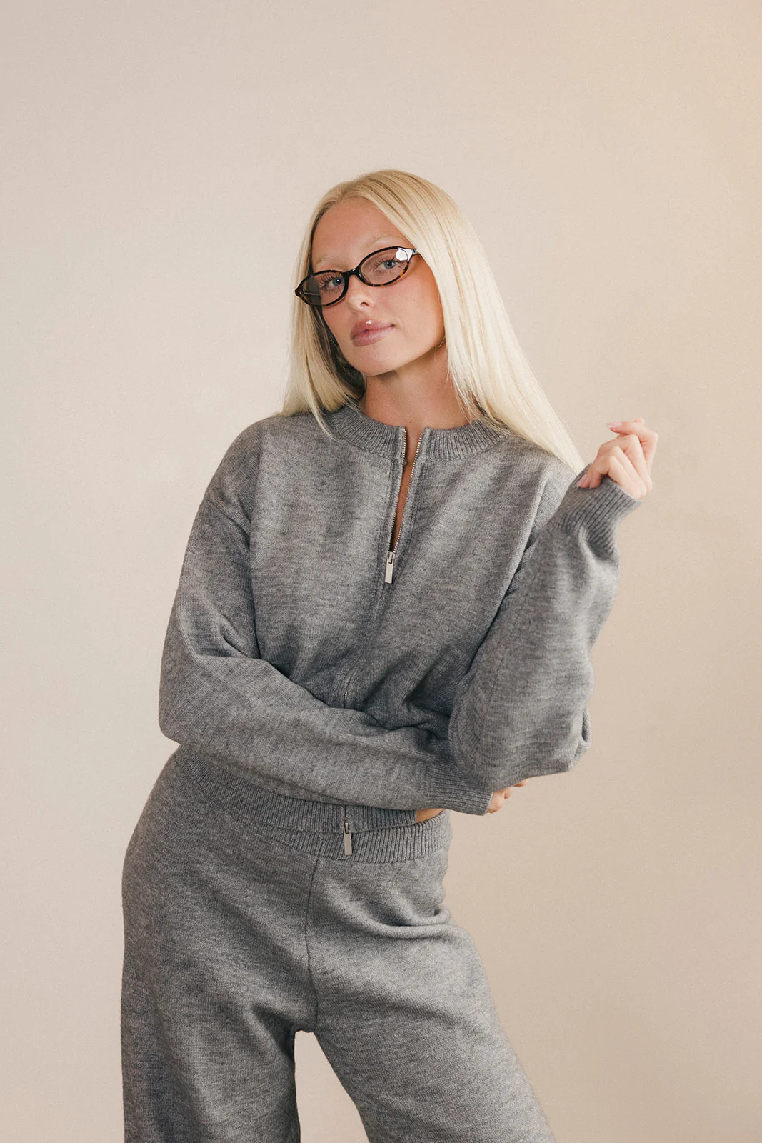 Ashlyn Knit Zip Up Long Sleeve Cardigan And Pants Set - Grey - Image 10
