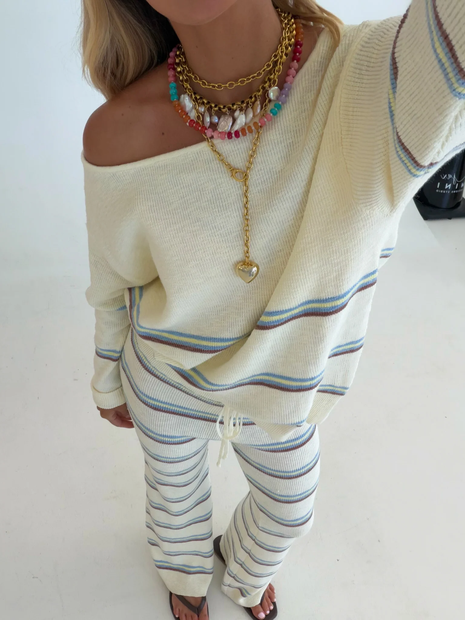 Elle Striped Knit Sweater and Pant Set - Off White - Image 3