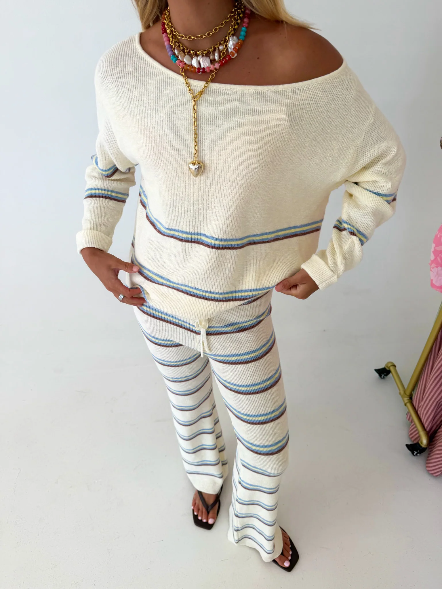 Elle Striped Knit Sweater and Pant Set - Off White - Image 4