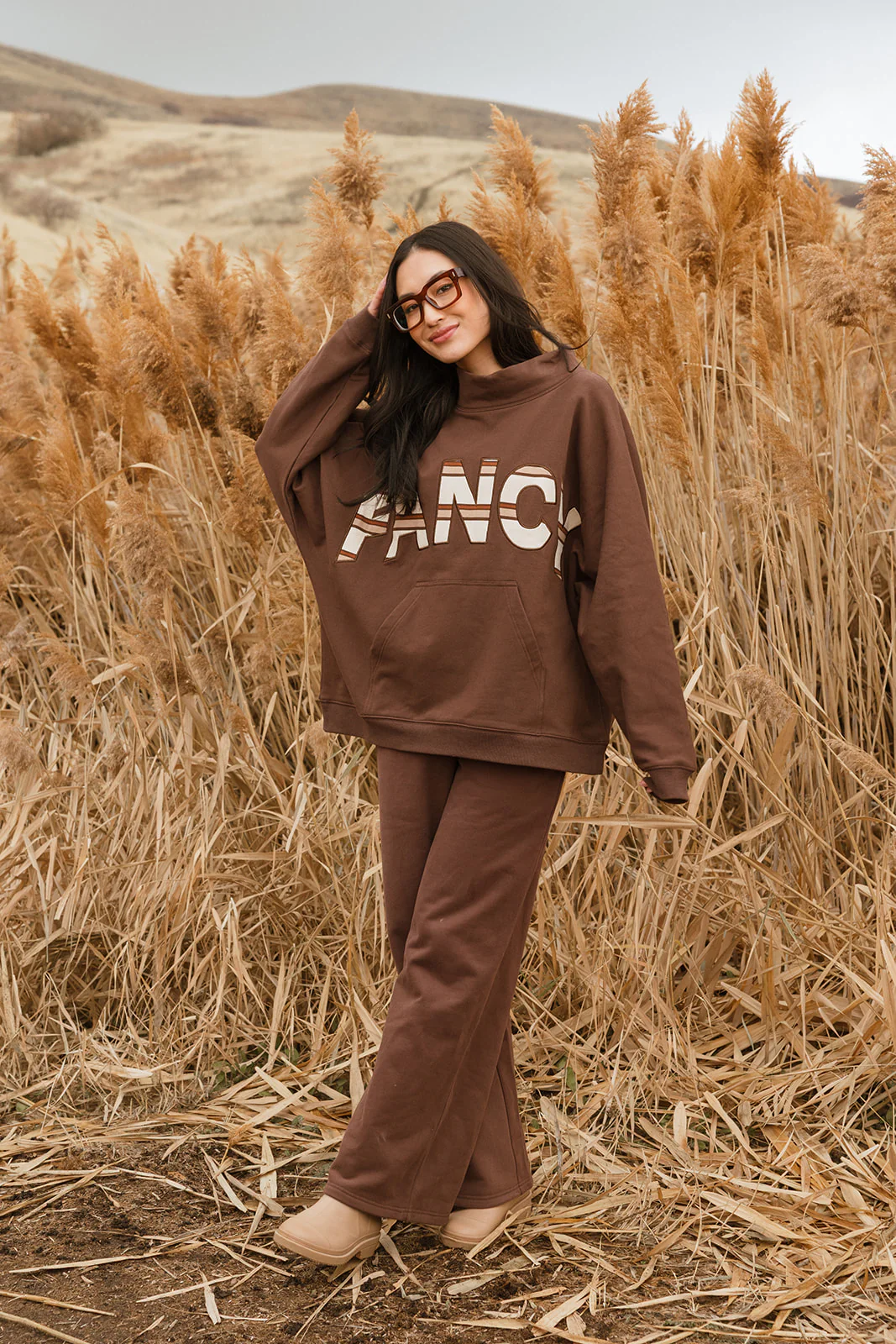 Fancy Oversized Fleece PocketCloud Striped Mockneck - Desert Sand Brown - Image 14