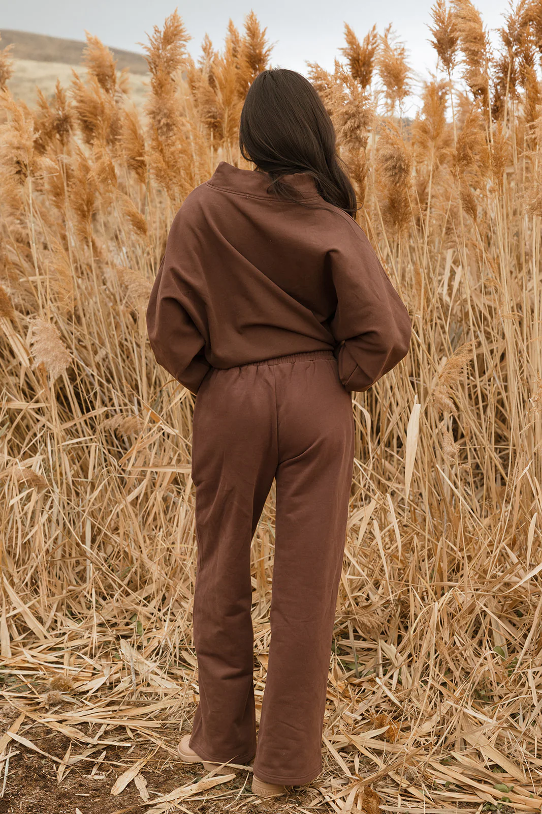Fancy Oversized Fleece PocketCloud Striped Mockneck - Desert Sand Brown - Image 18