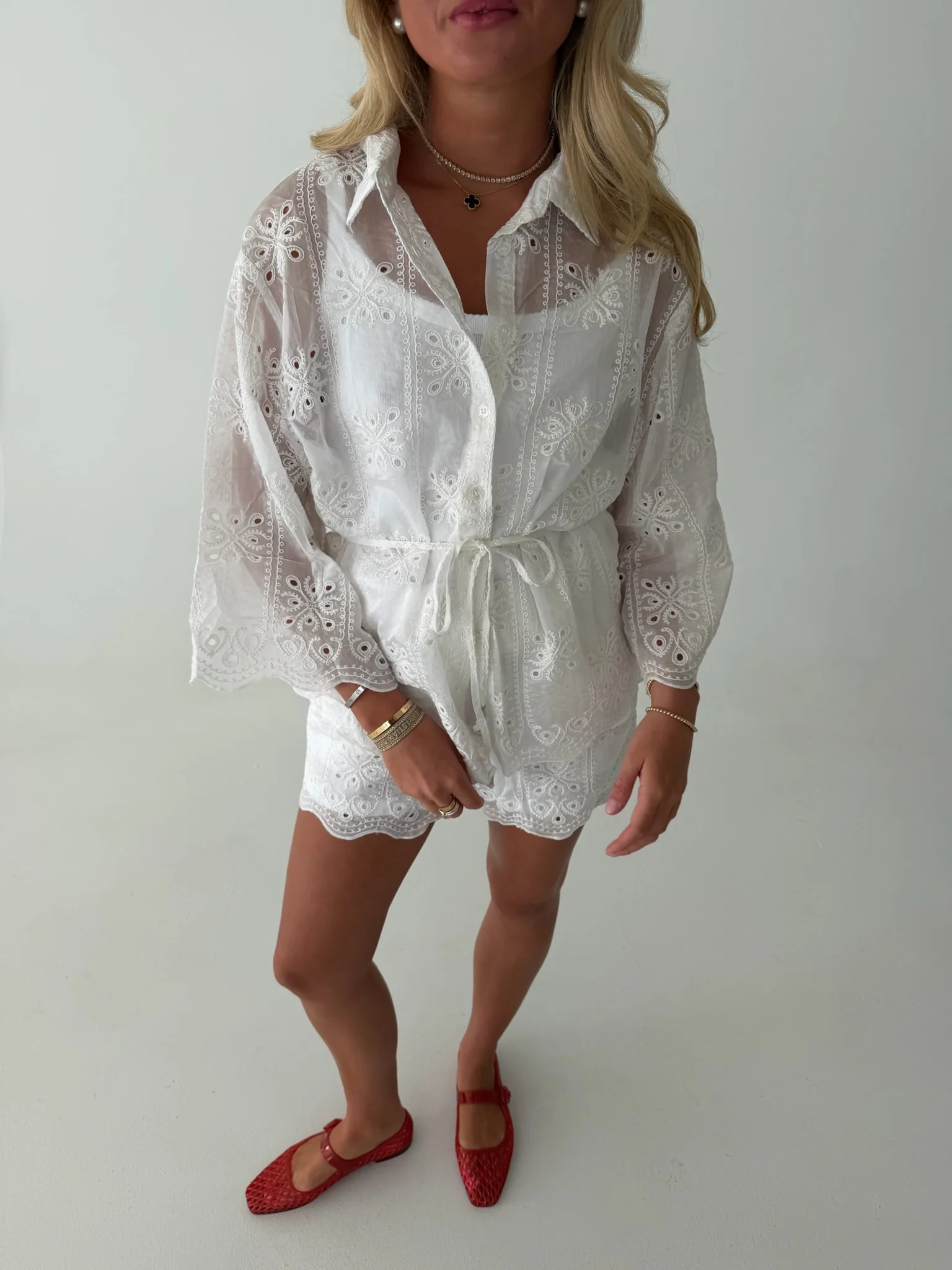 Megan Eyelet Shorts Set - White - Image 3