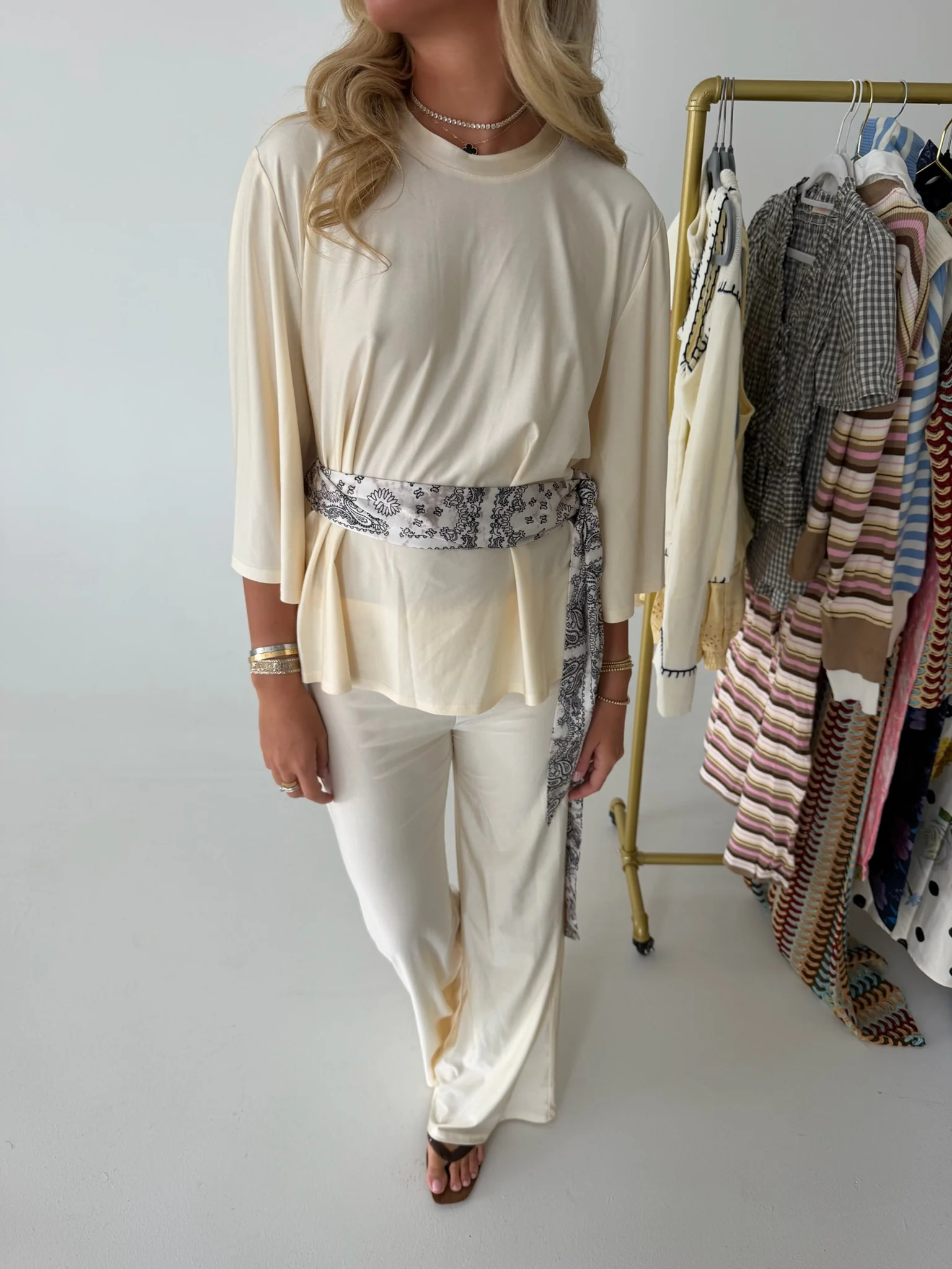 Miranda Wide-Leg Pant Set with Bandana Scarf Belt - Cream - Image 3