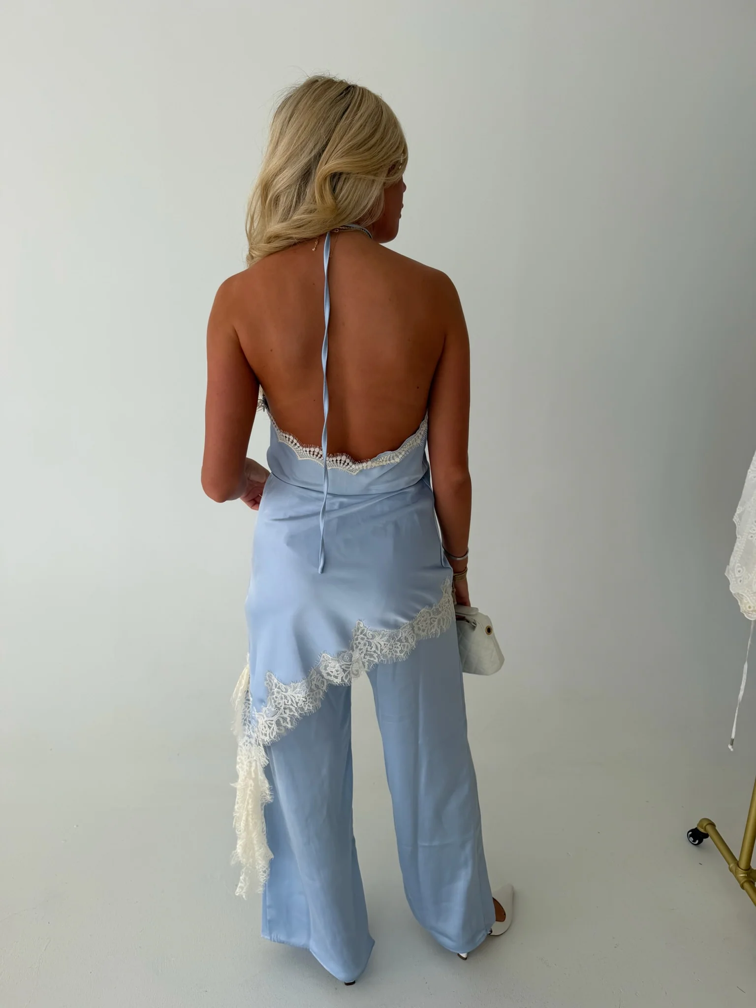 Satin Lace Halter Jumpsuit - Light Blue - Image 7
