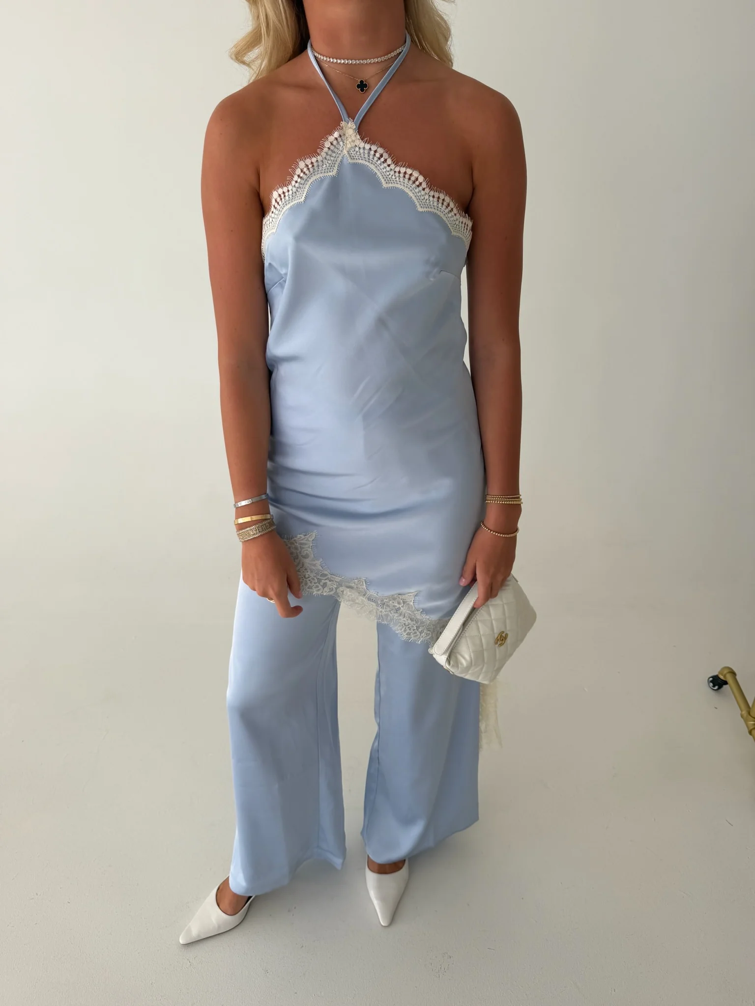 Satin Lace Halter Jumpsuit - Light Blue - Image 9